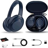 Sony WH-1000XM4 Wireless Noise Canceling Overhead Headphones with Mic for Phone-Call, Voice Control, Blue, with USB Wall Adapter and MicroFiber Cleaning Cloth - Bundle