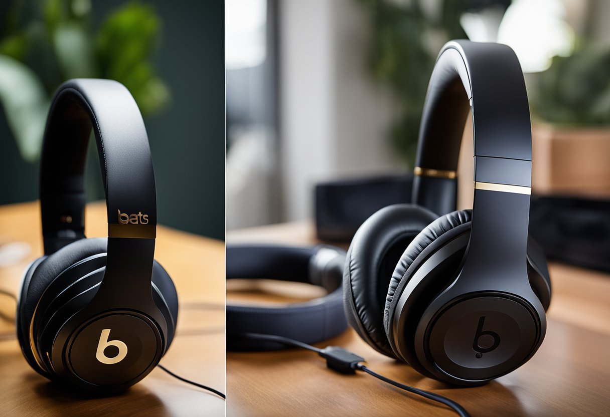 The Beats Studio 3 and Studio Pro headphones are shown side by side, with the Studio Pro plugged into a charging cable and the Studio 3 displaying a full battery icon
