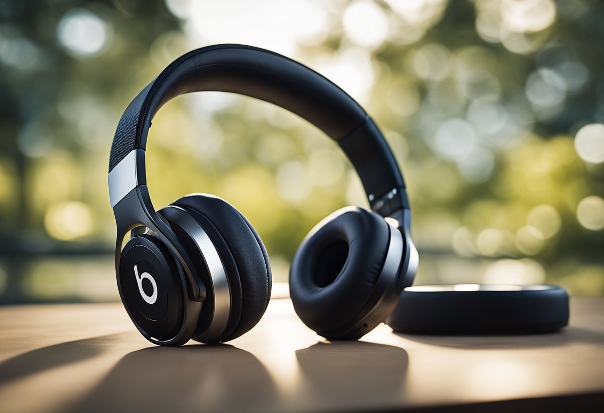 A pair of Beats by Dre headphones stands out on a sleek, modern table. The innovative design and high-quality features are highlighted, drawing attention to the value of the product