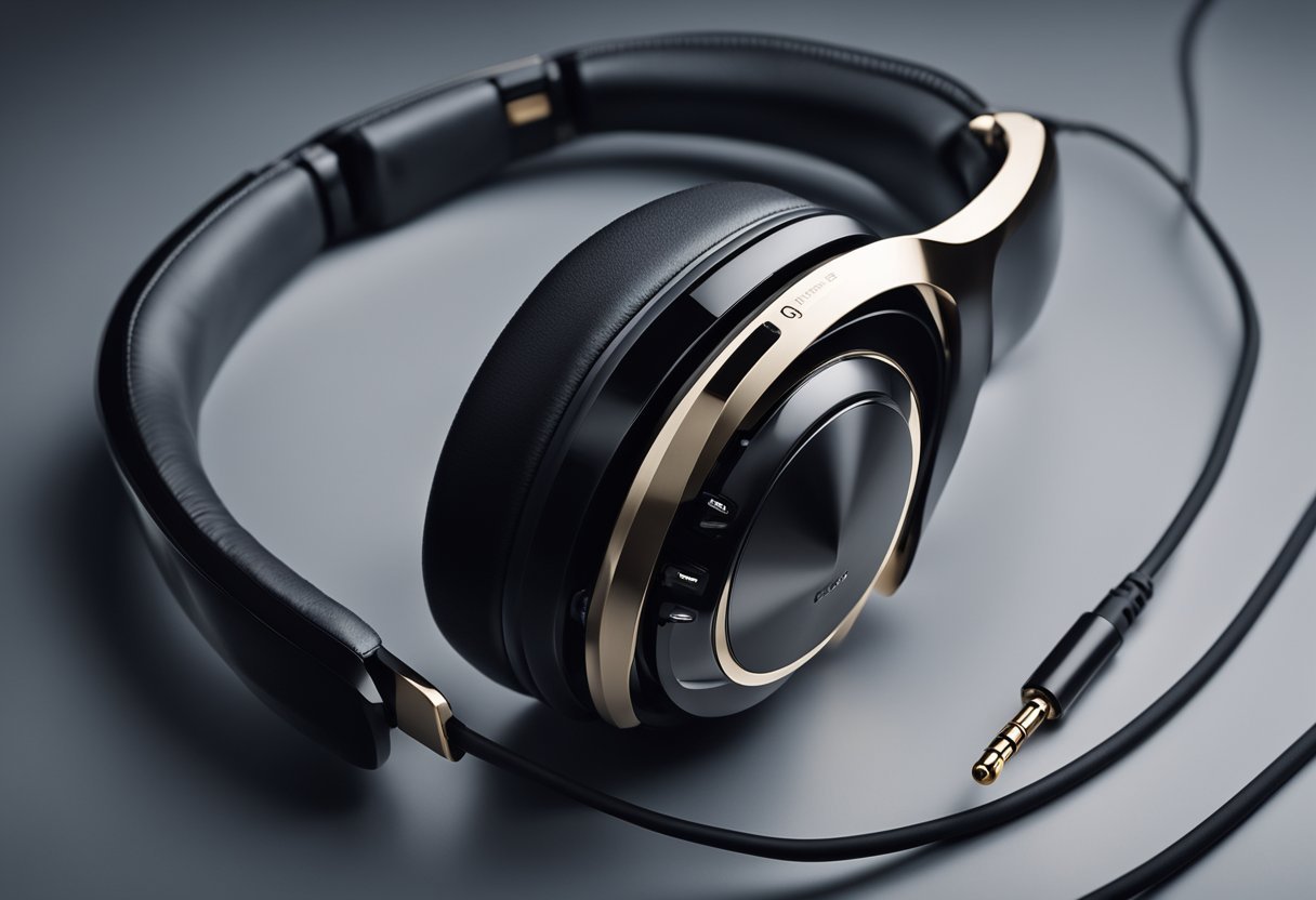A sleek, modern headphones resting on a glossy surface, with bold branding and high-quality materials