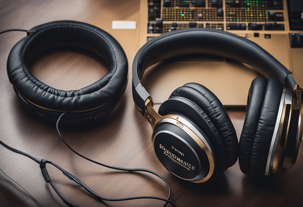 Two pairs of headphones on a table, one labeled "Sound Performance beats studio 3" and the other "studio pro." A sound wave graphic in the background