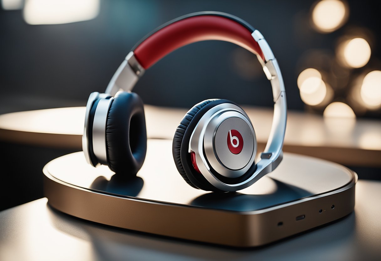A pair of Beats by Dre headphones is placed on a sleek, modern table with a soft, indirect light shining on them. The logo is prominently displayed, and the headphones are positioned at a slight angle to add visual interest